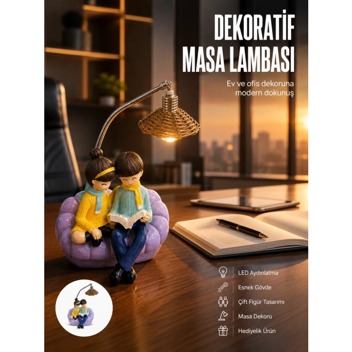 Romantik Çift Temalı Dekoratif Masa Lambası Yumuşak Led Işık