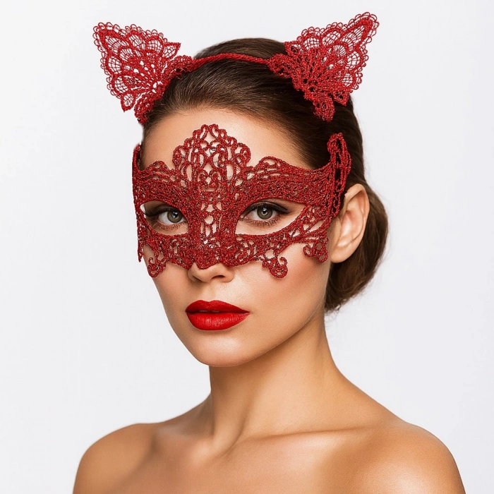 Romantik Kırmızı Dantel Maske Seti – Kedi Kulaklı Taç ve Maske 3 No (5263)
