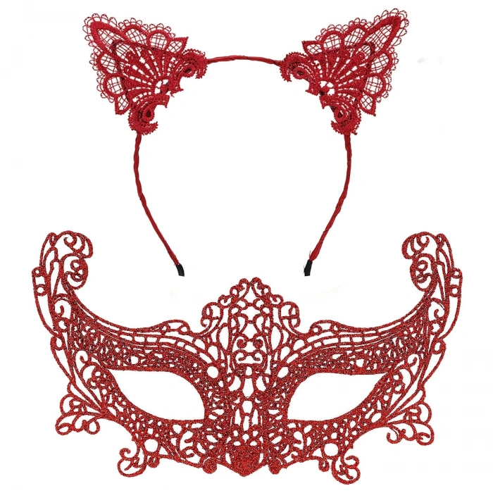 Romantik Kırmızı Dantel Maske Seti – Kedi Kulaklı Taç ve Maske 3 No (5263)