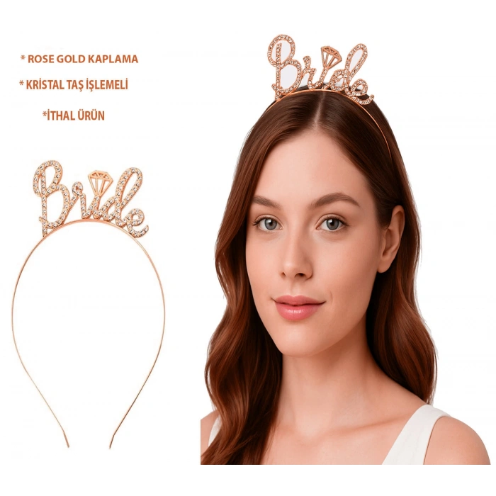 Rose Gold Renkli Taşlı “Bride” Gelin Tacı – El Yazısı Yazı Tipiyle (5263)