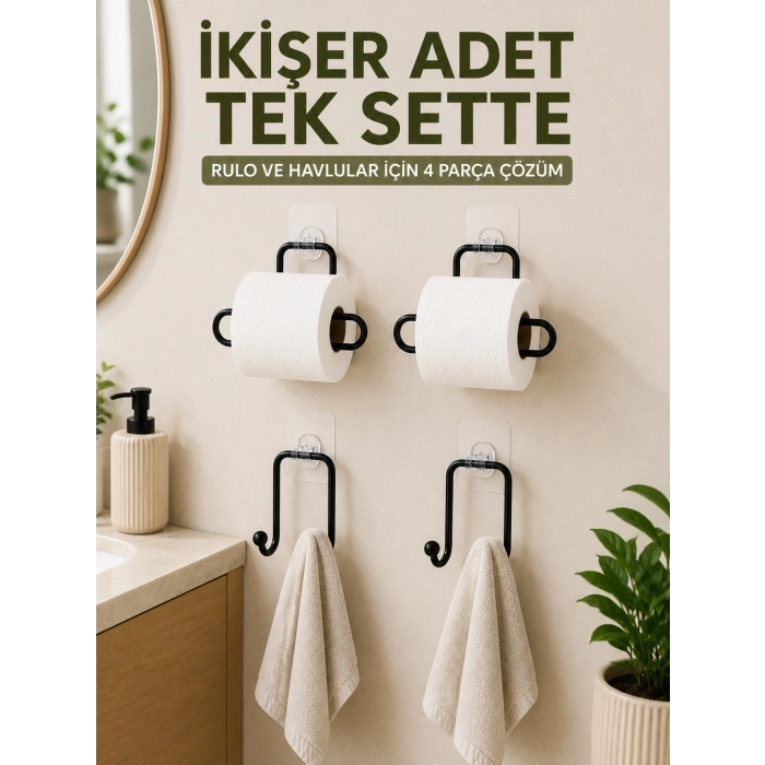 Rulo Kağıt Tutucu Ve Havlu Bez Askılığı Seti 2’şer Adet Toplam 4 Parça