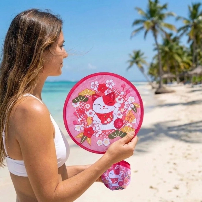Şanslı Kedi (Maneki Neko) Desenli Katlanabilir Cep Yelpazesi - Kılıflı Sevimli El Yelpazesi (5263)