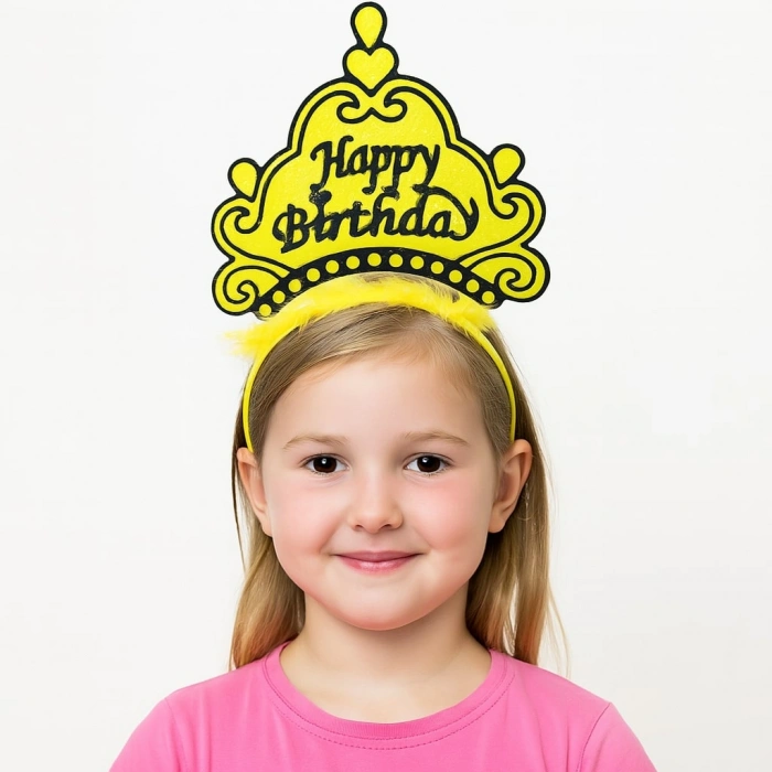 Sarı Happy Birthday Prenses Tacı – Doğum Günü Taç Aksesuarı (5263)