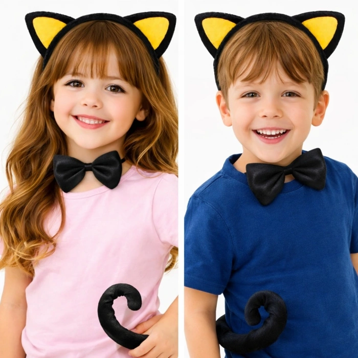 Sarı Kulaklı Kedi Kostüm Seti – Taç Papyon Kuyruk 3 Parça (5263)