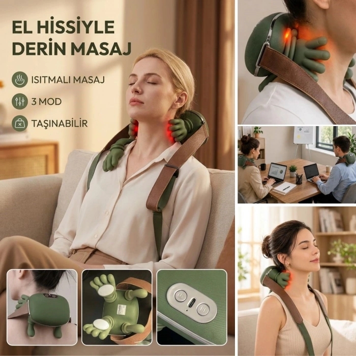 Şarjlı Isıtmalı Boyun ve Omuz Masaj Aleti Parmak Hareketini Taklit Eden Yoğurma Masaj Cihazı (5263)