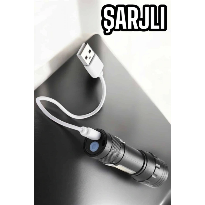 Şarjlı Metal Zoomlu El Feneri Işıldak Led Işık Taşınabilir El Lambası