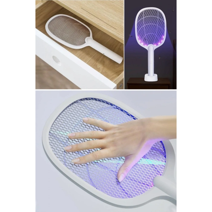 Şarjlı Sinek Öldürücü Masaüstü Standlı,mor Işık Sinek Kovucu Raket 5w
