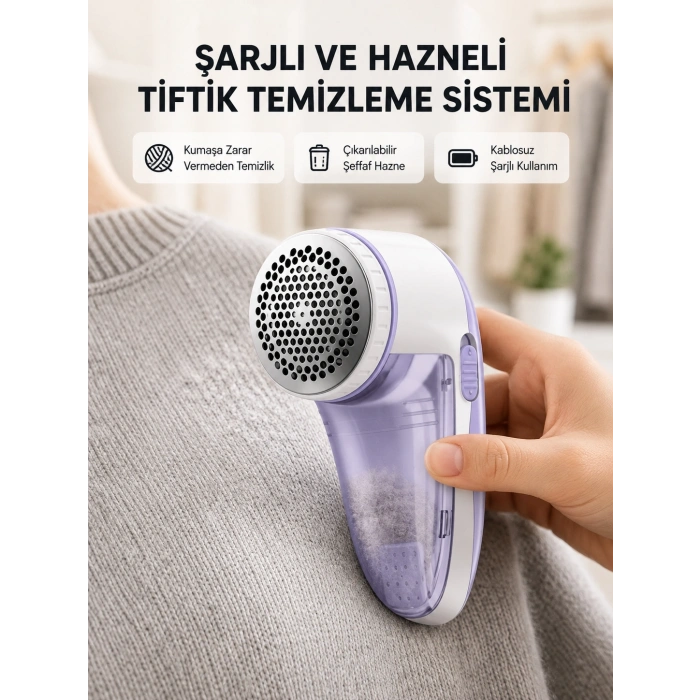 Şarjlı Tiftik Temizleyici – Çıkarılabilir Hazneli, Anti-statik Fırçalı, Usb Şarjlı