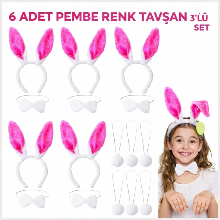 Şeker Pembesi Tavşan Sahne Seti 6'lı Set Taç Papyon Kuyruk (5263)