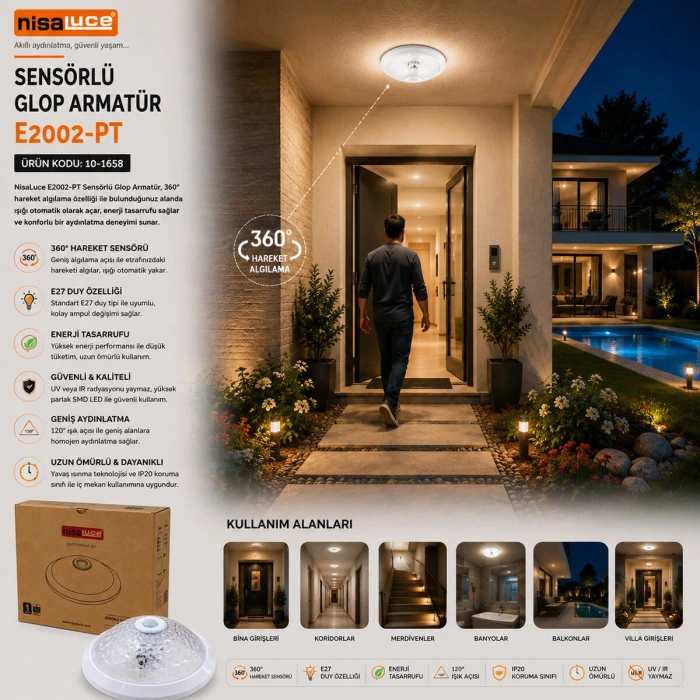 SENSÖRLÜ BEYAZ GLOP ARMATÜR KAFESİ E27 PLASTİK IP20 220W (5263)