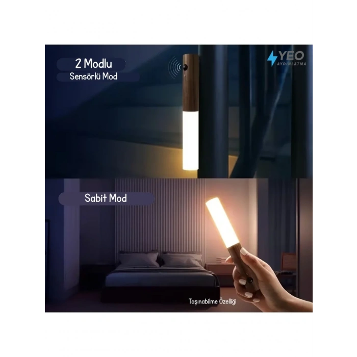Sensörlü Usb Şarjlı Mıknatıslı Taşınabilir Duvar Aplik Masa Lambası Ahşap Görünümlü Gün Işığı (5263)