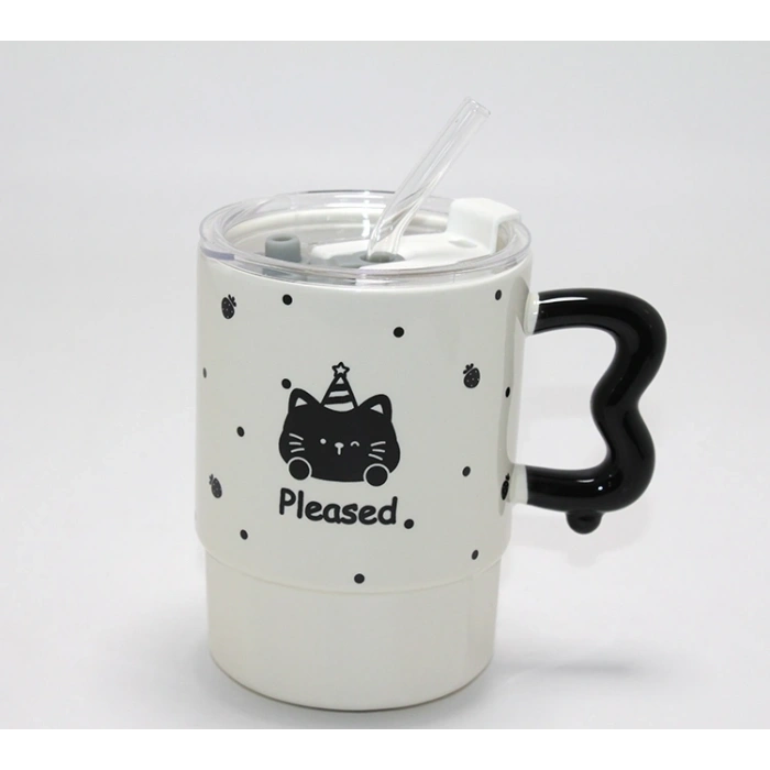 Sevimli Ayı Figürlü Pipetli Kapaklı Porselen Kupa Bardak Alk5041