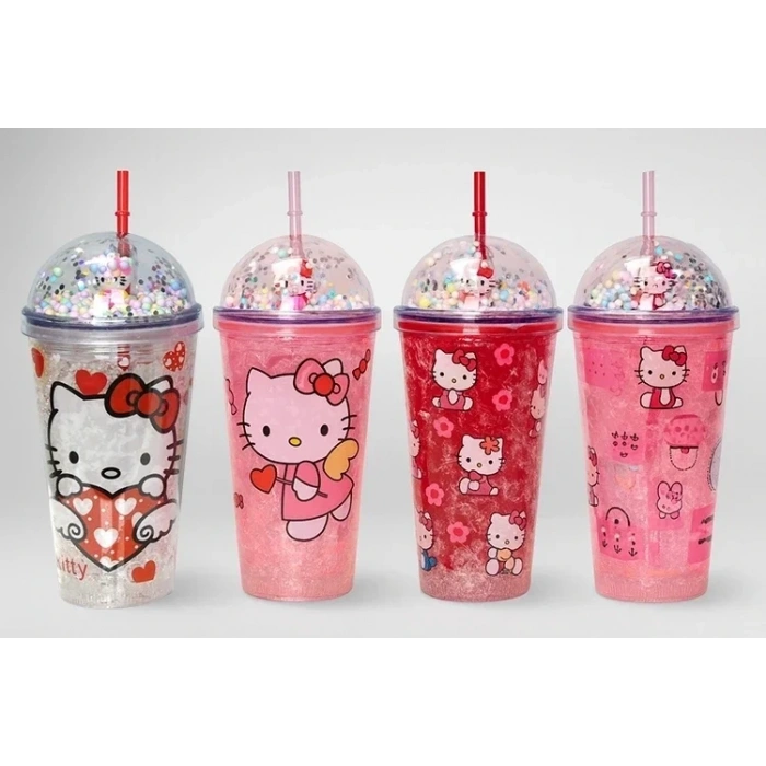 Sevimli Hello Kitty Işıklı Pipetli Boncuklu Suluk & Bardak 400 Ml Alk3145