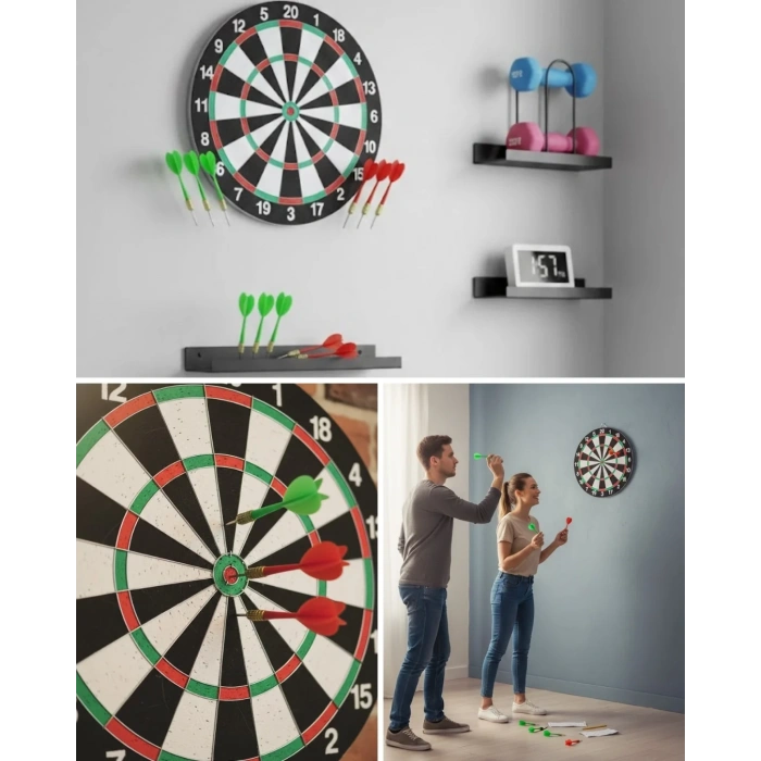 Şık Tasarımlı 15 İnç Dart Tahtası Metal Uçlu 4 Ok Seti