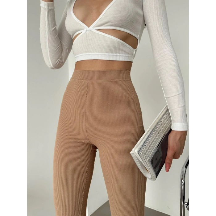 Şık Ve Rahat Yüksek Bel İspanyol Paça Fitilli Toparlayıcı Bej Tayt