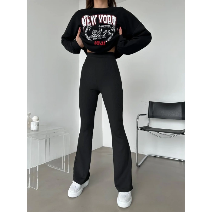 Şık Ve Rahat Yüksek Bel İspanyol Paça Fitilli Toparlayıcı Siyah Tayt