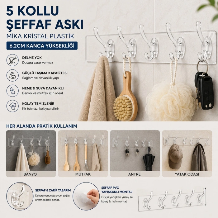 SİLİKON 5 KOLLU ŞEFFAF YAPIŞKAN ASKI (5263)