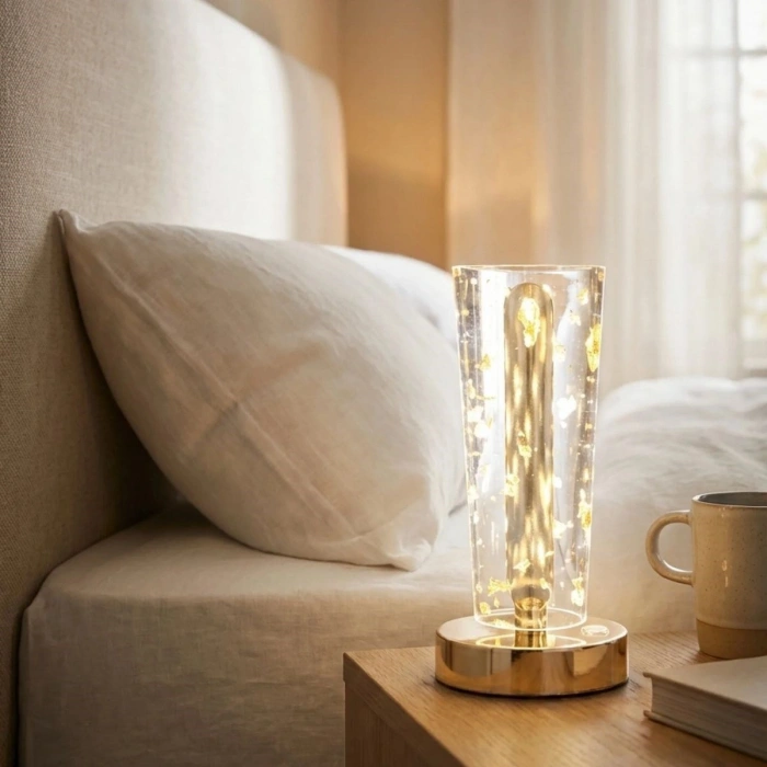 Silindirik Kristal Altın Toz Model LED Masa Lambası – Gold Tabanlı, Dokunmatik, 3 Renk Işık Modlu, Şarjlı Modern Dekoratif Gece Lambası (5263)