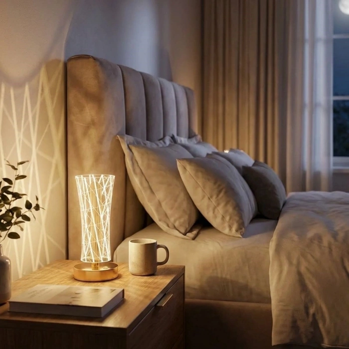 Silindirik Kristal Çizgi Model LED Masa Lambası – Gold Tabanlı, Dokunmatik, 3 Renk Işık Modlu, Şarjlı Modern Dekoratif Gece Lambası (5263)