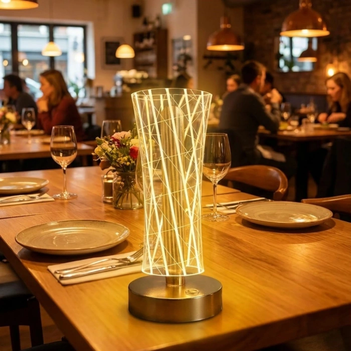 Silindirik Kristal Çizgi Model LED Masa Lambası – Gold Tabanlı, Dokunmatik, 3 Renk Işık Modlu, Şarjlı Modern Dekoratif Gece Lambası (5263)