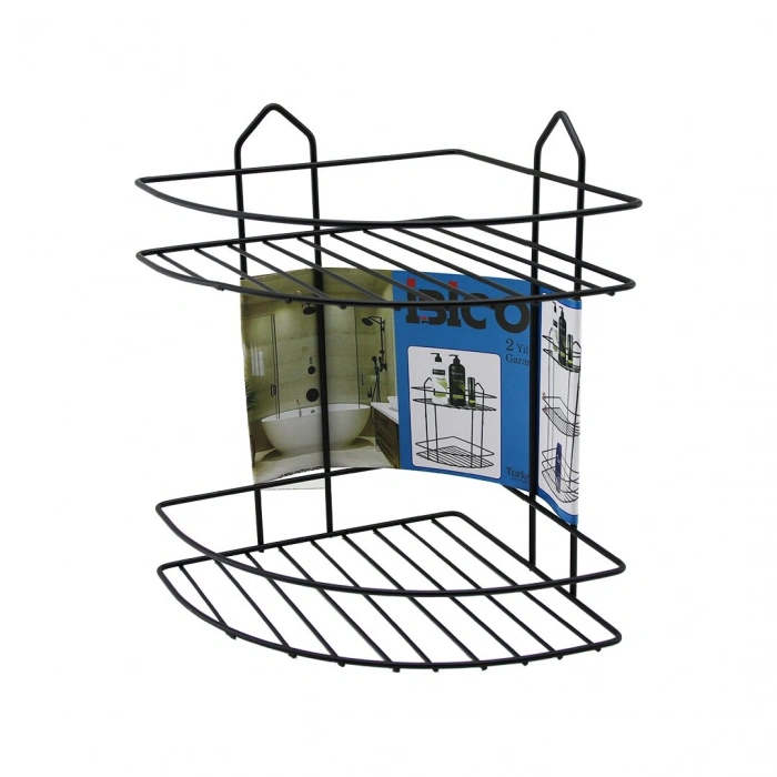 SİYAH  2 KATLI - ÜÇGEN METAL BANYO KÖŞELİK - DUŞKABİN RAF (5263)