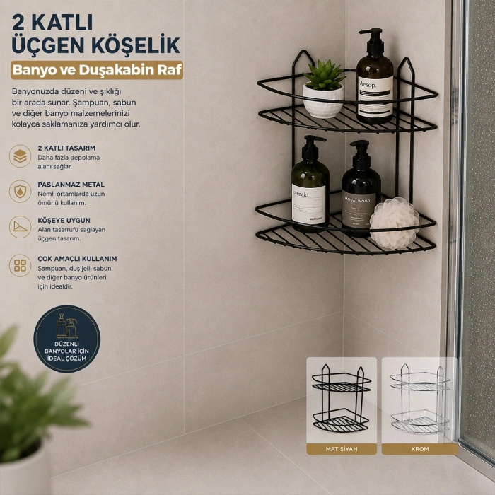 SİYAH  2 KATLI - ÜÇGEN METAL BANYO KÖŞELİK - DUŞKABİN RAF (5263)