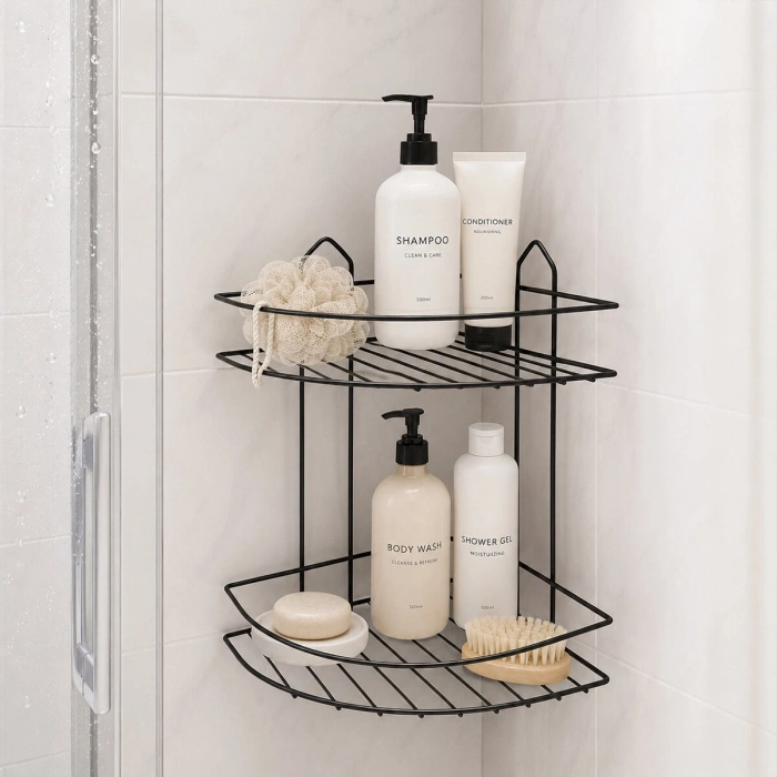 SİYAH  2 KATLI - ÜÇGEN METAL BANYO KÖŞELİK - DUŞKABİN RAF (5263)