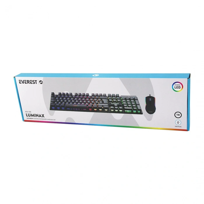 SİYAH GÖKKUŞAĞI IŞIKLI USB KABLOLU OYUNCU KLAVYE - MOUSE SET (5263)