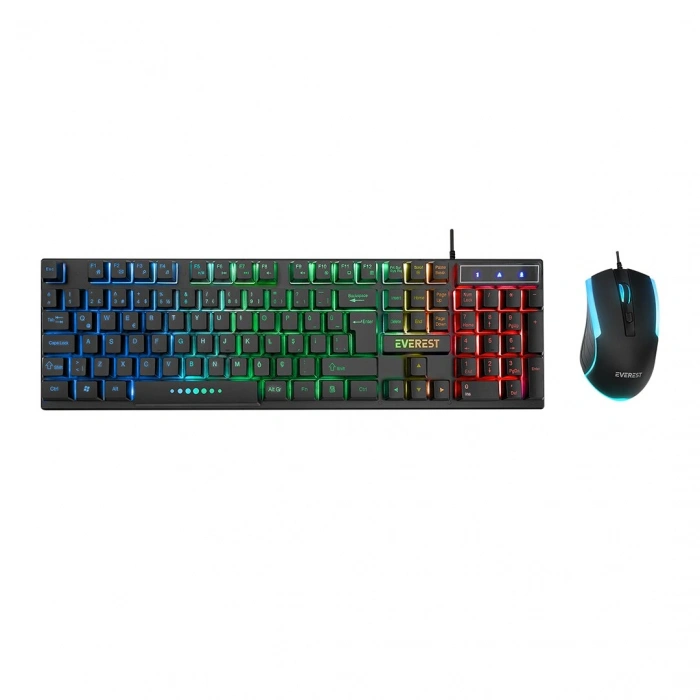 SİYAH GÖKKUŞAĞI IŞIKLI USB KABLOLU OYUNCU KLAVYE - MOUSE SET (5263)