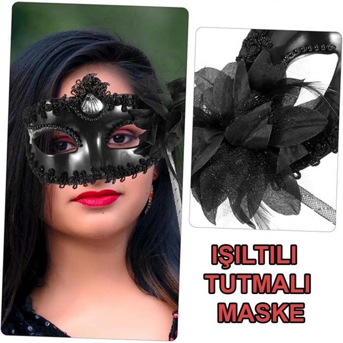 Siyah Işıltılı Tutmalı Fotoğraf Çekimi Maskesi 18x29 cm (5263)