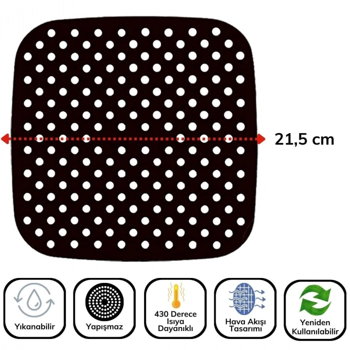Siyah Isıya Dayanıklı Yıkanılabilir Silikon Fırın Ve Airfryer Kare Model Pişirme Matı 21,5 Cm (5263)