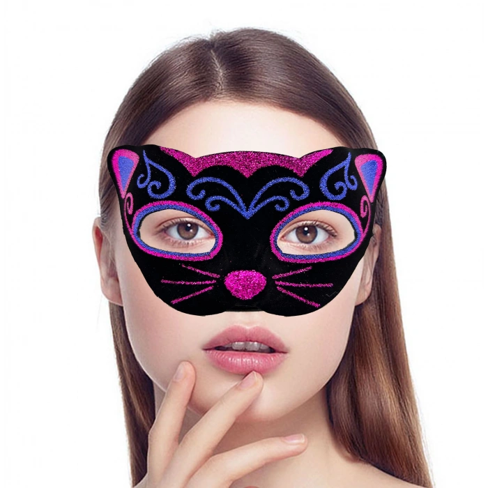 Siyah Kadife Kaplama Üzeri Pembe Mavi Sim İşlemeli Kedi Maskesi 20x13 cm (5263)