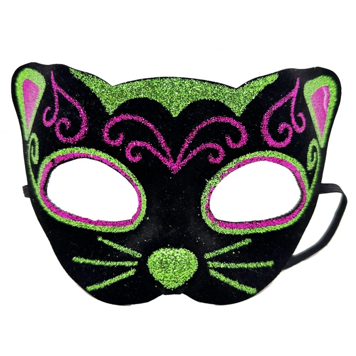 Siyah Kadife Kaplama Üzeri Pembe Yeşil Sim İşlemeli Kedi Maskesi 20x13 cm (5263)
