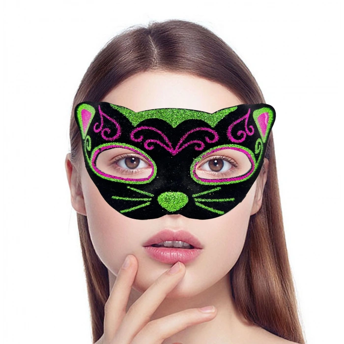 Siyah Kadife Kaplama Üzeri Pembe Yeşil Sim İşlemeli Kedi Maskesi 20x13 cm (5263)
