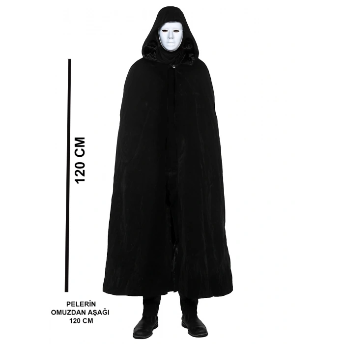 Siyah Kapüşonlu 120 cm Pelerin ve Beyaz Boyanabilir Tam Yüz Maske (5263)