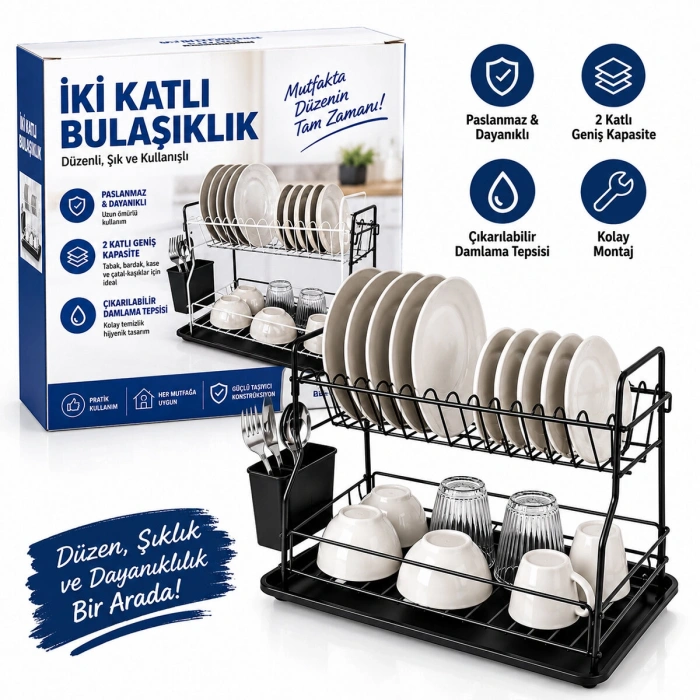 SİYAH - METAL 2 KATLI TABAKLIK - BULAŞIKLIK (5263)