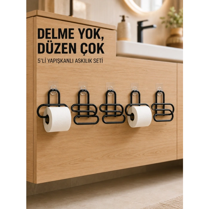 Siyah Metal Tuvalet Kağıdı Tutucu 5’li Set Yapışkanlı Duvar Tipi Banyo Wc Askısı
