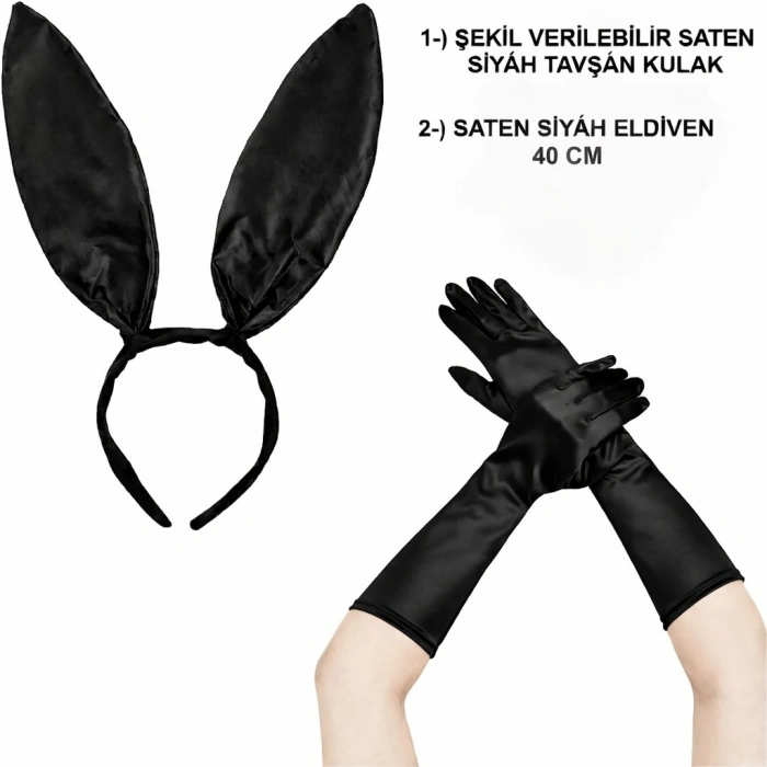 Siyah Parlak Tavşan Kulak ve 40 cm Parlak Siyah Eldiven Kostüm Seti (5263)