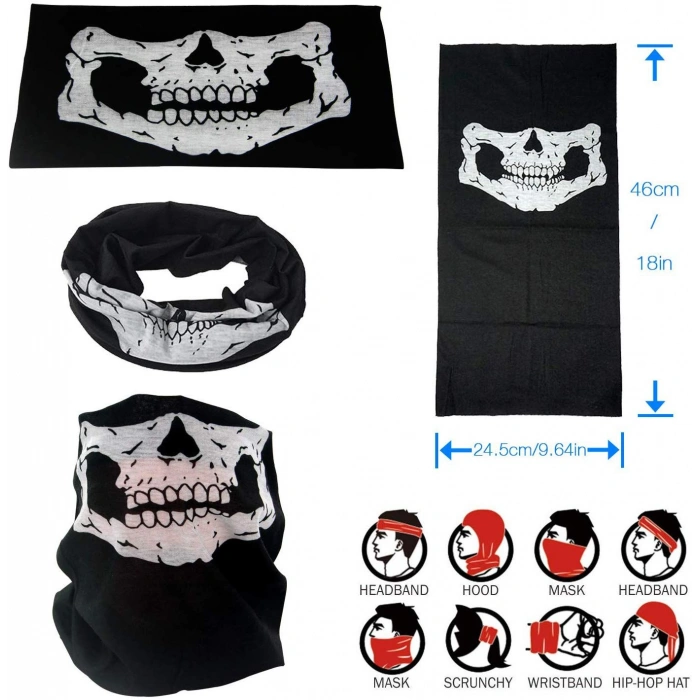 Siyah Renk Dikişsiz Çok Fonksiyonlu Çene Kafatası Yüz Maskesi Baf Buff Bandana Boyunluk Bileklik (5263)