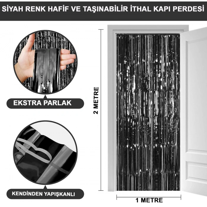 Siyah Renk Ekstra Metalize Parlak Saçaklı Arka Fon Perde İthal A Kalite 1x2 Metre (5263)