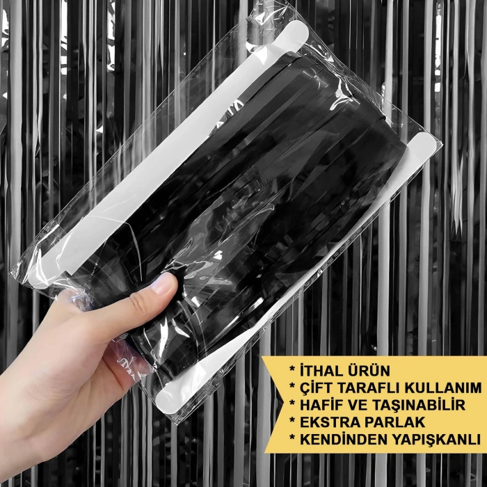 Siyah Renk Ekstra Metalize Parlak Saçaklı Arka Fon Perde İthal A Kalite 1x2 Metre (5263)