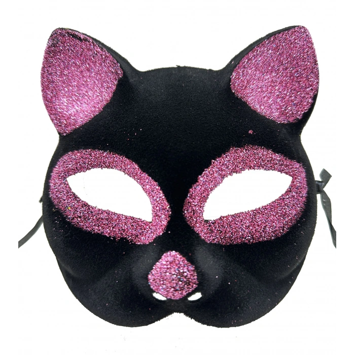 Siyah Renk Pembe Simli Süet Kaplama Kedi Maskesi 18x14 cm (5263)