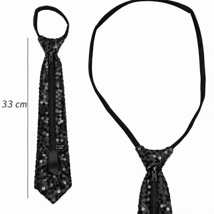 Siyah Renk Pul Payetli Işıltılı Parti Kravatı 33 cm (5263)