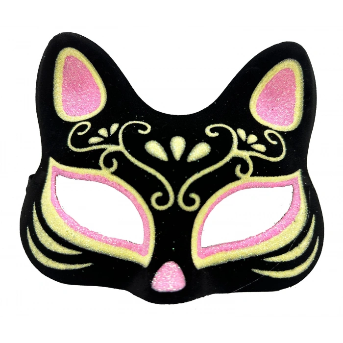 Siyah Renk Süet Kaplama Üzeri Pembe Sarı Simli Kedi Maskesi 17x14 cm (5263)