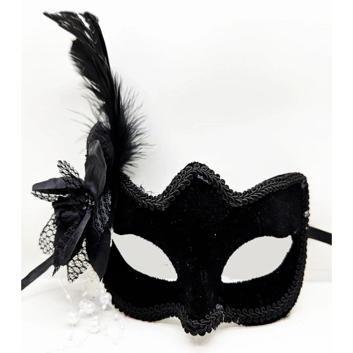 Siyah Renk Yandan Tüylü Beyaz İncili Süet Kaplama A Kalite Lüks Parti Maskesi 20x23 cm (5263)
