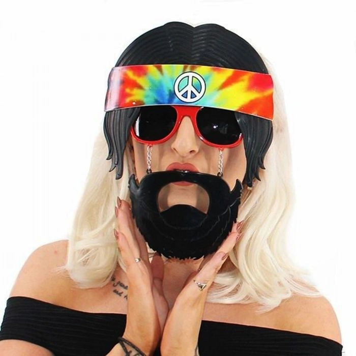 Siyah Saçlı Bandana Tasarımlı Hippi Parti Gözlüğü 26x18 cm (5263)