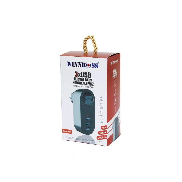 SİYAH TERMAL AKIM KORUMALI  1XPRİZ 3XUSB DUVAR TİPİ PRİZ 10A - 2500W (5263)