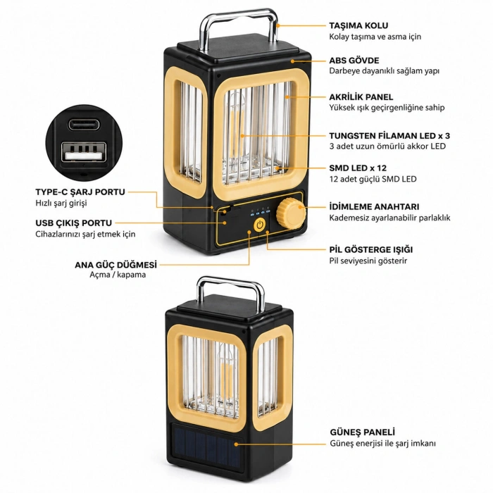 SOLAR - GÜNEŞ ENERJİLİ USB ŞARJLI NOSTALJİ SOLAR LAMBA 1500mAh HS-234 (5263)
