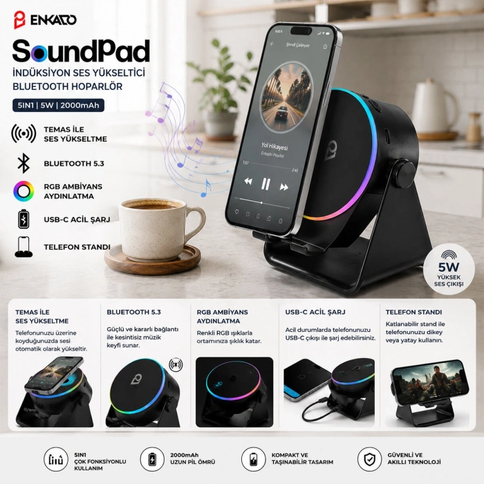 SOUNDPAD 5IN1 - 5W - 2000mAh TEMAS İLE SES YÜKSELTME - TELEFON STAND - USB-C ŞARJ SİYAH İNDİKSİYON SES YÜKSELTİCİ BLUETOOTH HOPARLÖR SPEAKER EKD-S10 (5263)