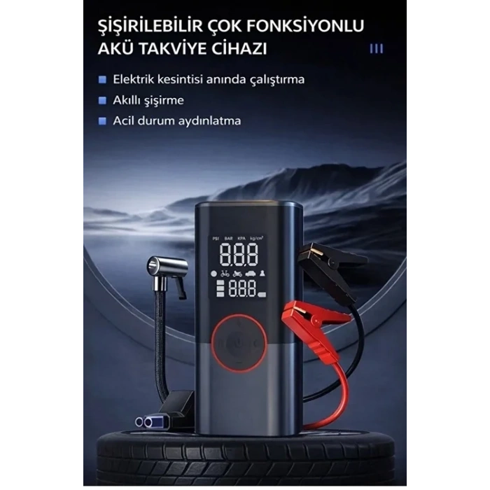 St-9650 Şarjlı 10.000 Mah Taşınabilir Araç Hava Kompresörü Akü Takviyeli Dijital Ekranlı Işıklı Çantalı